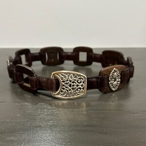Brighton Brown Leather and Wood Belt with Silver Buckle. Size 32